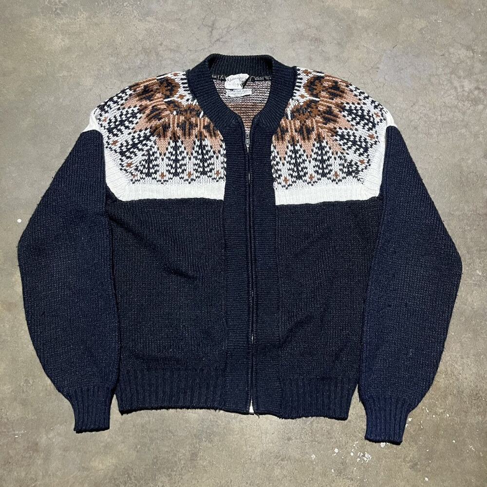 Vintage 60s Hylo Black Fair Isle Acrylic Zip Up Cardigan